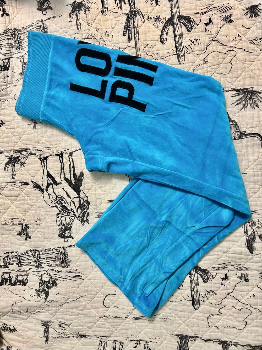 Teal 'LOVE PINK' velvet pants